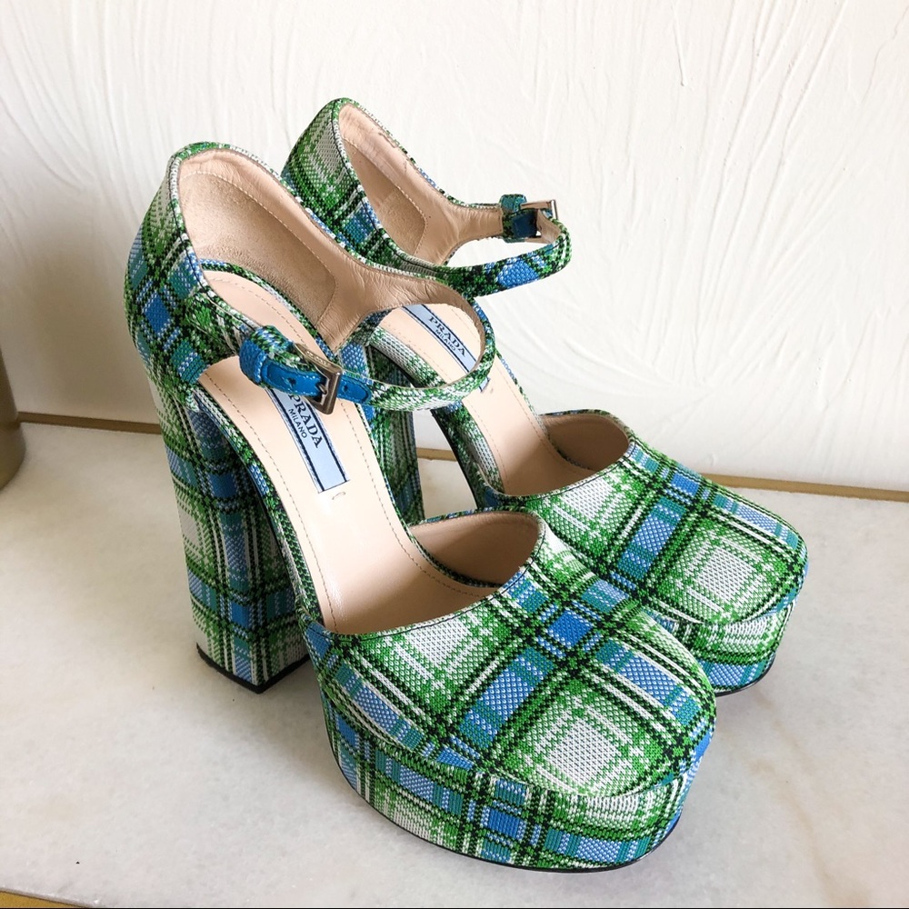 Prada Plaid Platform Mary Jane Heels